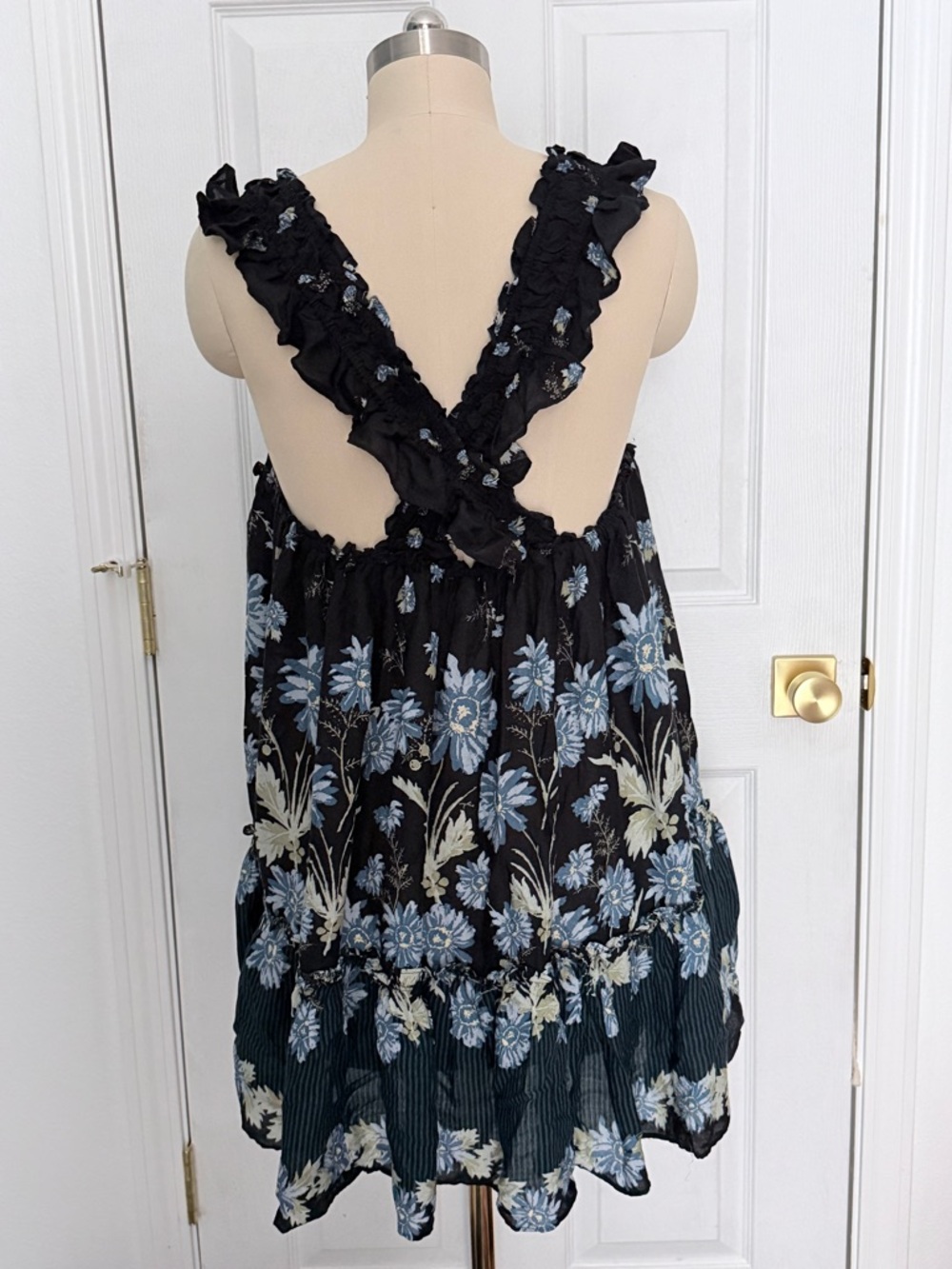 Free People Black and Blue Floral Mini Dress with Ruffles - Picture 7 of 16